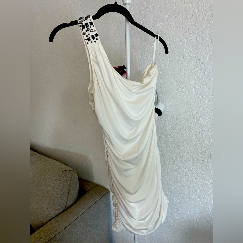 One strap white cocktail party dress.
